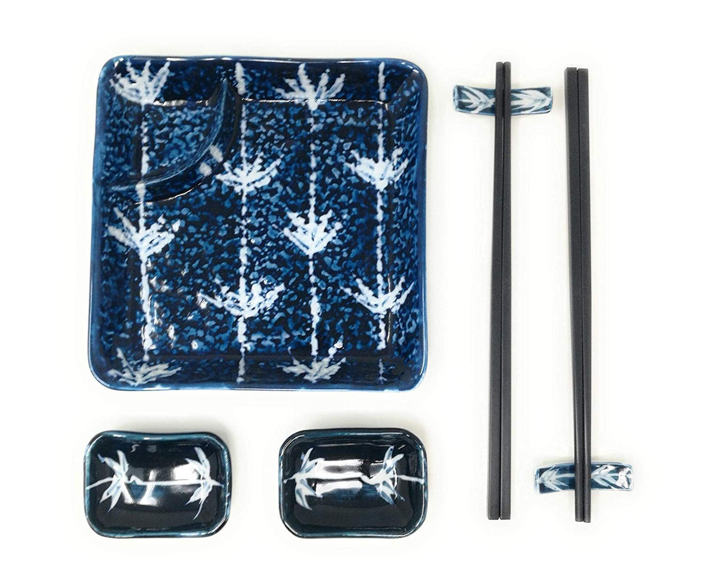 TJ Global Ceramic Square Shape Japanese Sushi for 2 Set, One Plate, Two Chopstick Holders, Two Pairs of Chopsticks, and Two Soy Sauce Dishes, Glazed (#2)