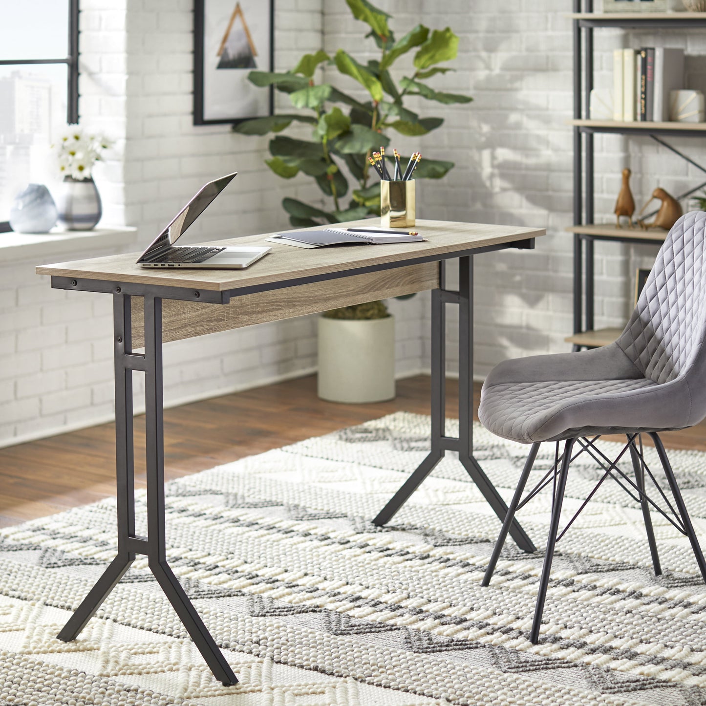 TMS Connection Computer Writing Desk, Natural with Black Metal Legs