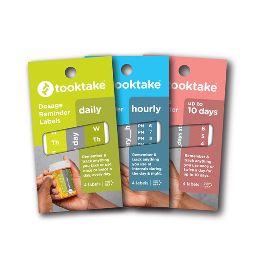 TOOKTAKE MIXED PACK-Reminder Labels Pill, Vitamin, Medication,Cough Syrup-Easy Pill Tracker -7 Day Weekly Organizer - KIDS - Pet Meds - AM/PM- Travel- Tooktake Dosage Reminder Labels 3 Packs/12 labels