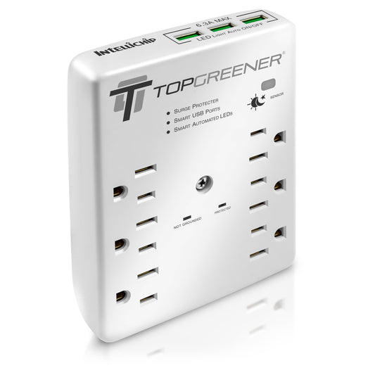 TOPGREENER 6 Outlet Surge Protector Wall Tap Power Strip, 6.4A USB Charging Ports, 900 Joules Surge Suppressor