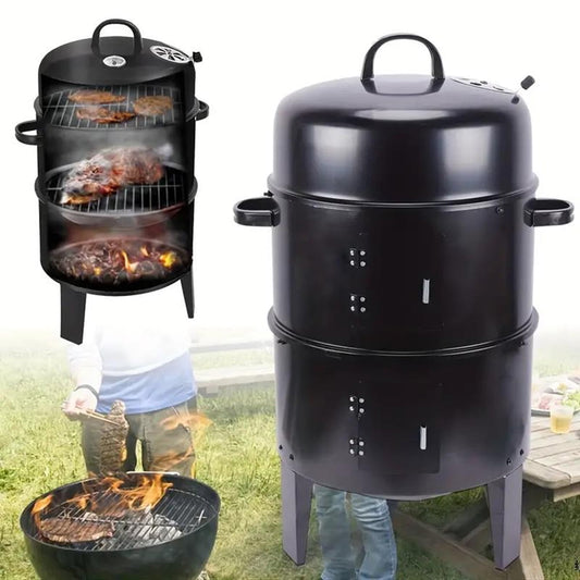 TOPTENG Vertical Charcoal BBQ Smoker, 3-in-1 16" Round Charcoal Barbecue Grill with 2 Cooking Area, and Thermometer for Outdoor Camping Picnic Backyard Cooking, Black