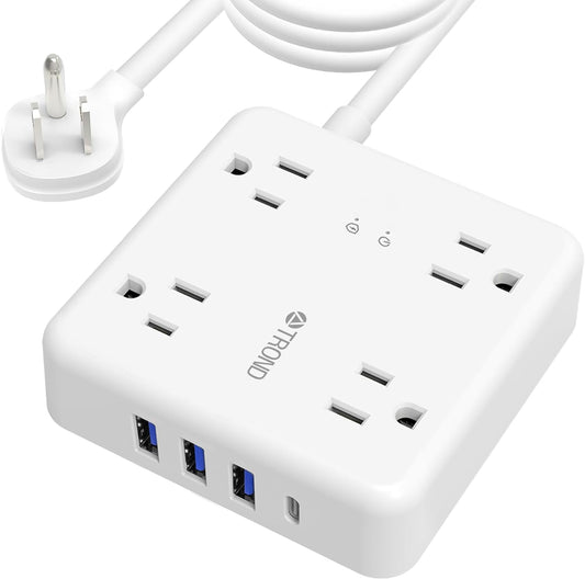 TROND Power Strip Surge Protector with USB, 10ft long Extension Cord for 3 USB and 4 AC Outlets, White