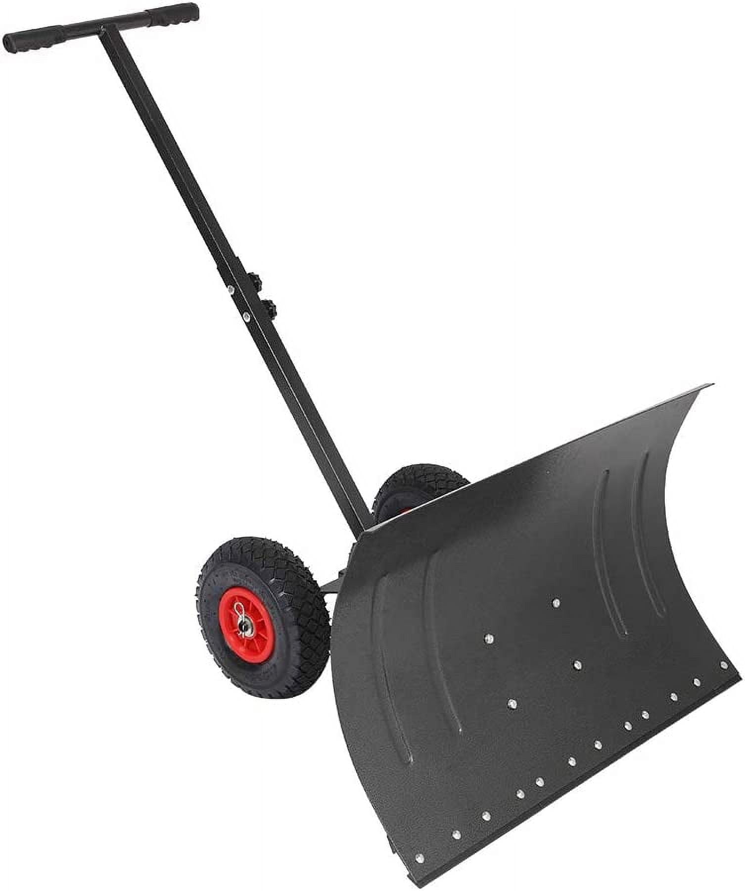 TUFFIOM Snow Pusher Shovel for Driveway with Wheels, 29" Wide Heavy Duty Push Snow Plow Shovel, Wheeled Rolling Snow Shovels for Snow Removal Adjustable Angle & Height Handle