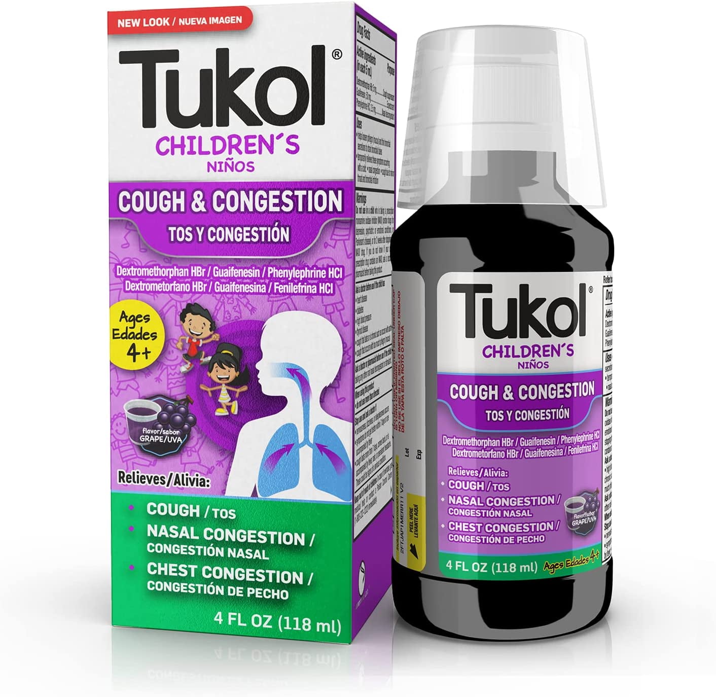 TUKOL Children's Cough Medicine - Cough & Congestion Relief, Chestal Cough Suppressant for Kids, Children's Cold and Cough Medicine, Kids Cough Syrup for Ages 4+ Grape Flavor 4 FL