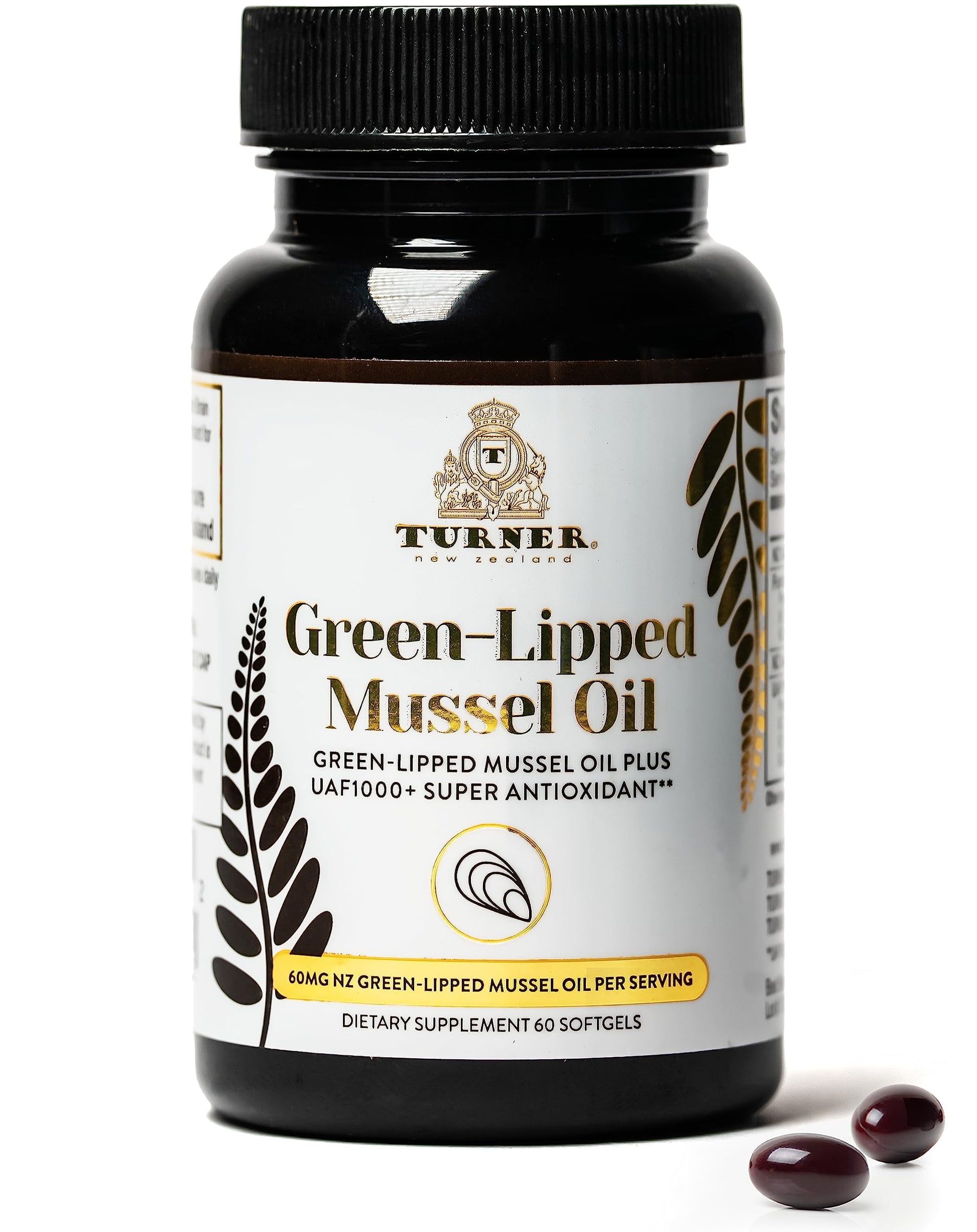 TURNER New Zealand Green Lipped Mussel Oil, 53x Higher Potency with UAF1000+ Super Antioxidant for Superior Joint Comfort & Mobility, No Fishy Aftertaste, 1 Bottle, 60 Softgels