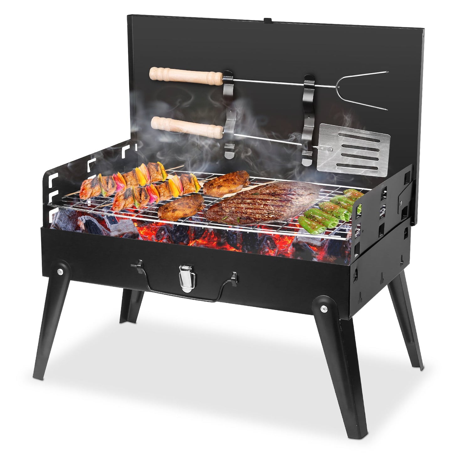 Tabletop Outdoor Barbecue Smoker, Portable Charcoal Grill, Small BBQ Grill for Outdoor Cooking, Folding Barbecue Grill with BBQ Toolbox