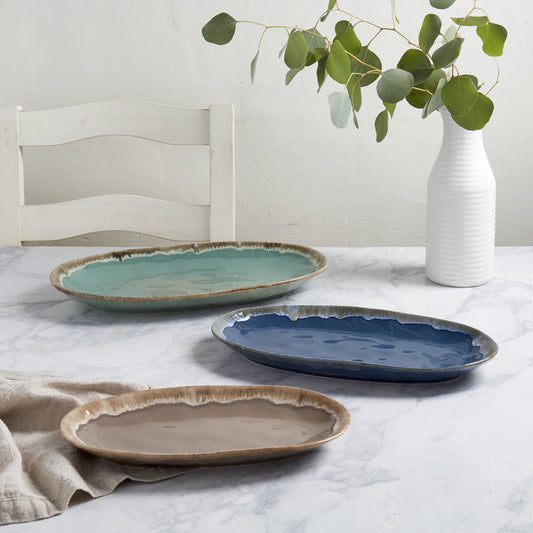 Tabletops Gallery 3 Piece Tuscan Reactive Glaze Stoneware Oval Serving Platters Trays (Blue, Green, and Brown) - 16", 14" and 11.75"