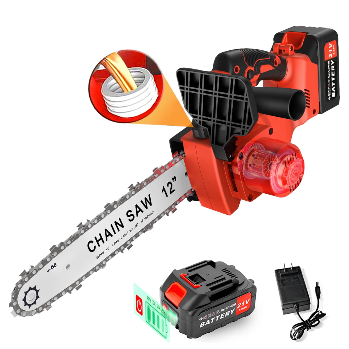 Tanbaby 12" Cordless Chainsaw, 900W Brushless Motor Battery Operated Chain Saw with 21V Rechargeable 3.0Ah Battery and Charger for Wood Cutting, Tree Trimming