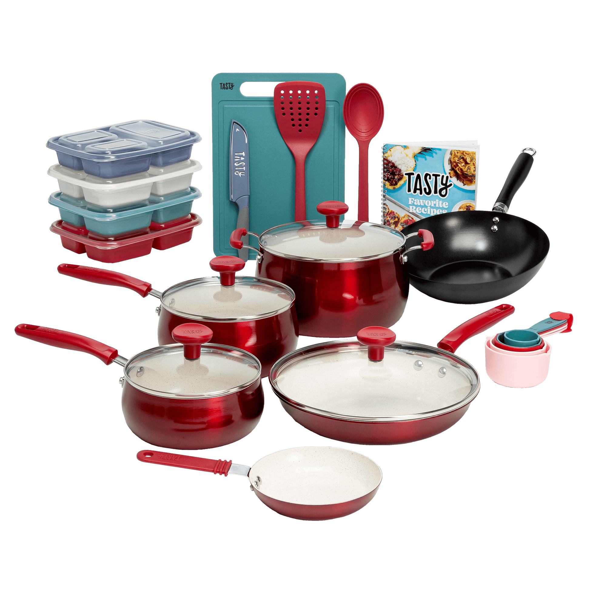 Tasty Clean Ceramic 24 Piece Non-Stick Aluminum Cookware Set, Red