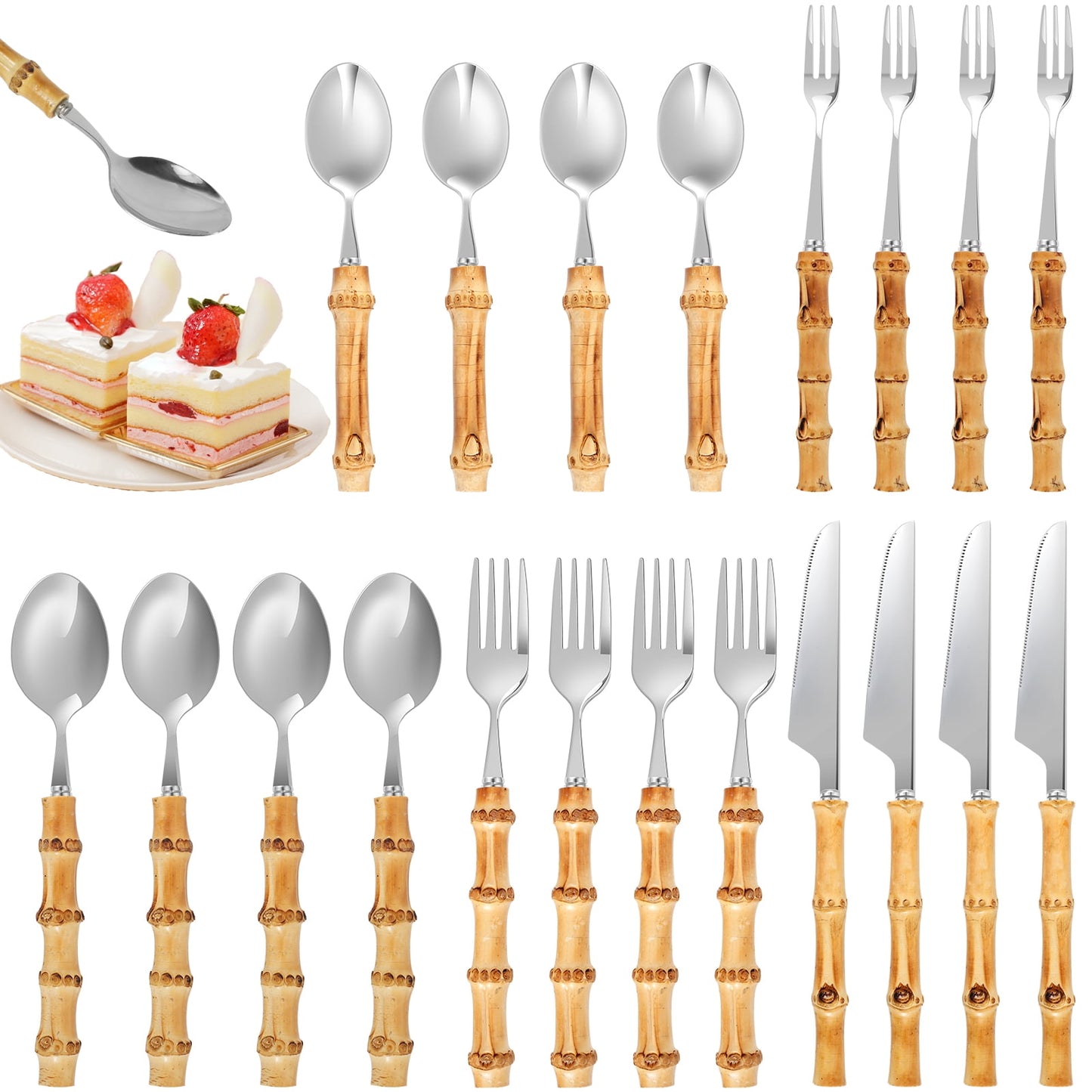 Tcwhniev 20 Pcs Bamboo Silverware Set, Stainless Steel Flatware Utensil Set for 4, Creative Dessert Cutlery Set Includes Forks Spoons, Knives for Kitchen Wedding Home Party