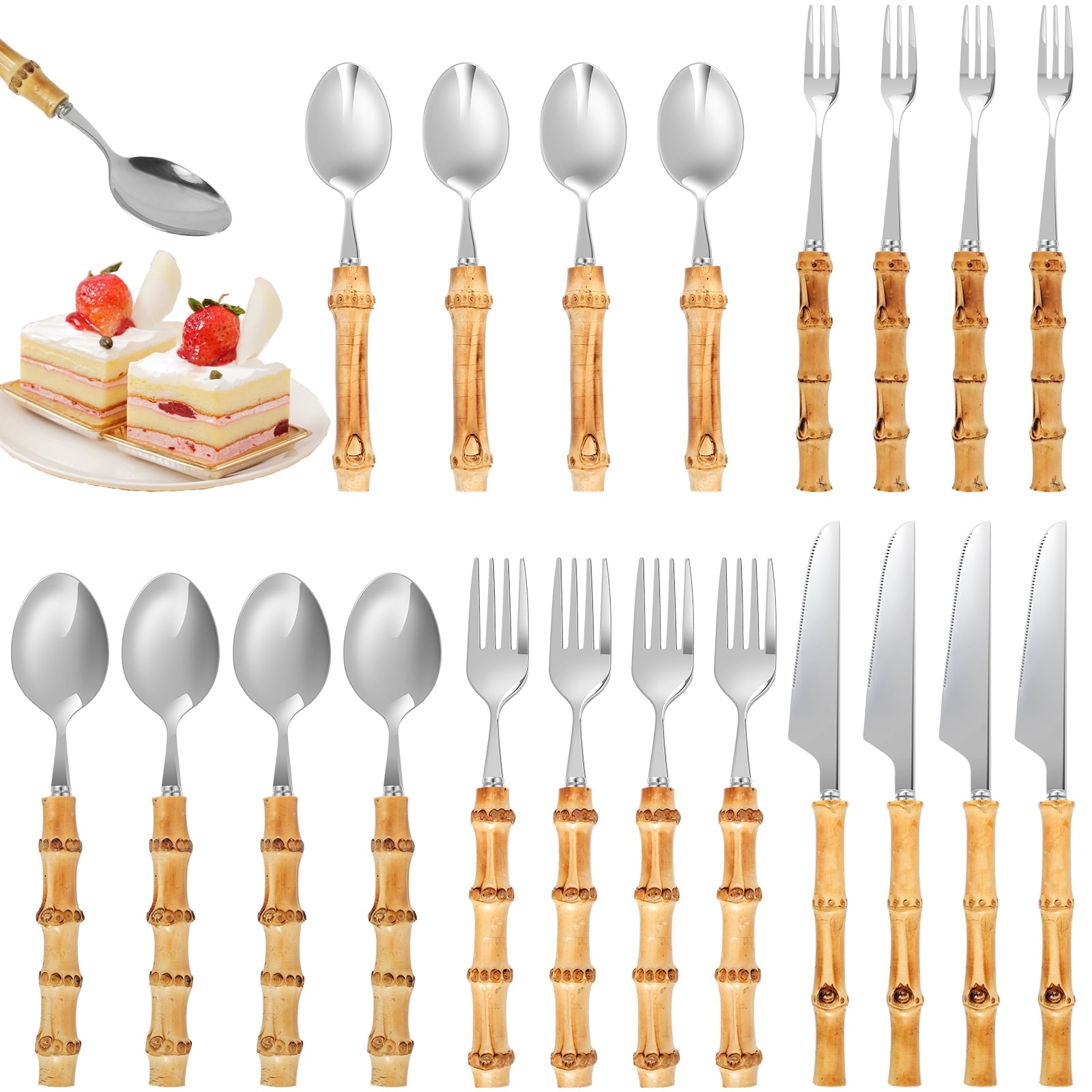 Tcwhniev 20 Pcs Bamboo Silverware Set, Stainless Steel Flatware Utensil Set for 4, Creative Dessert Cutlery Set Includes Forks Spoons, Knives for Kitchen Wedding Home Party