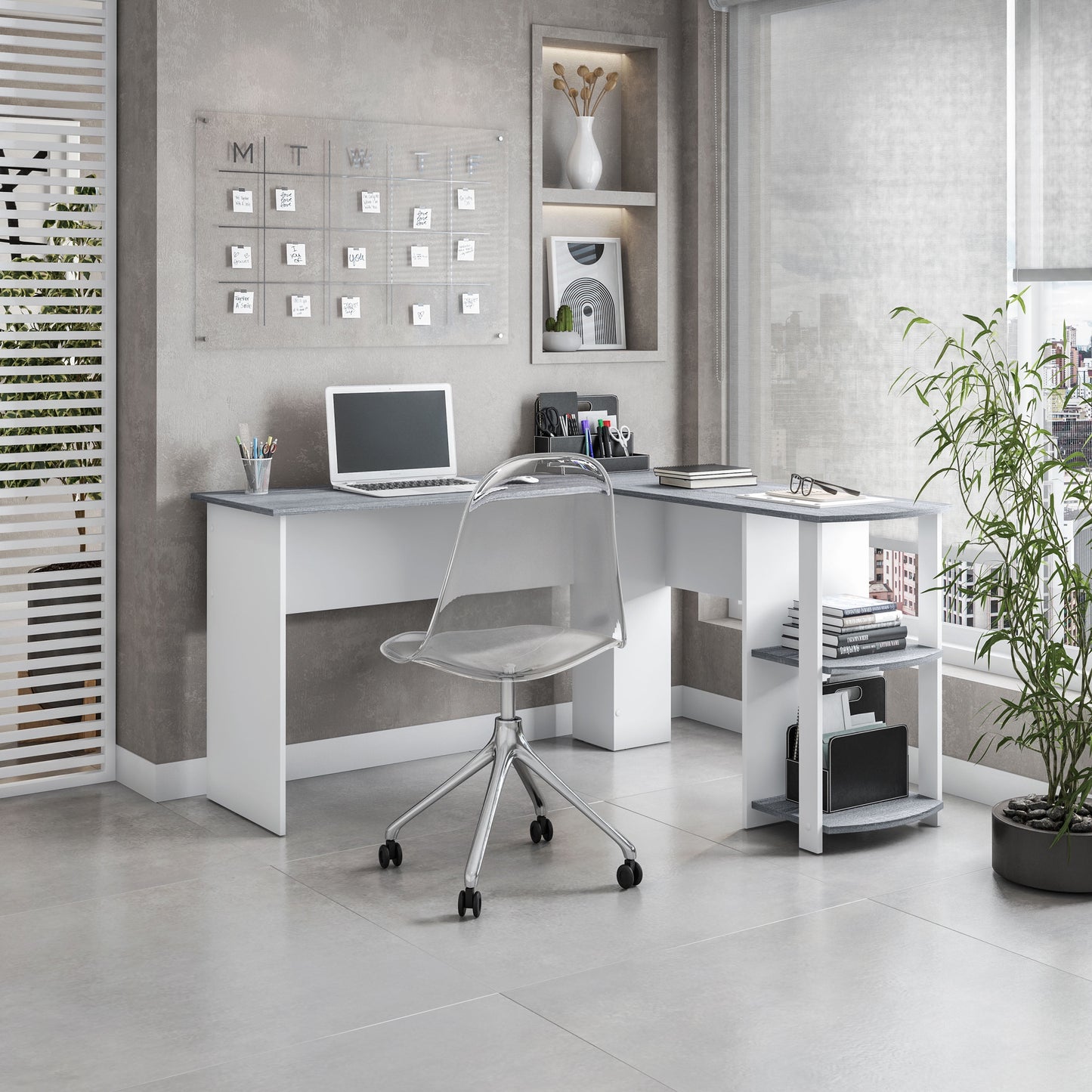 Techni Mobili Modern L-Shaped Desk with Side Shelves, Gray RTA-8413L-GRY