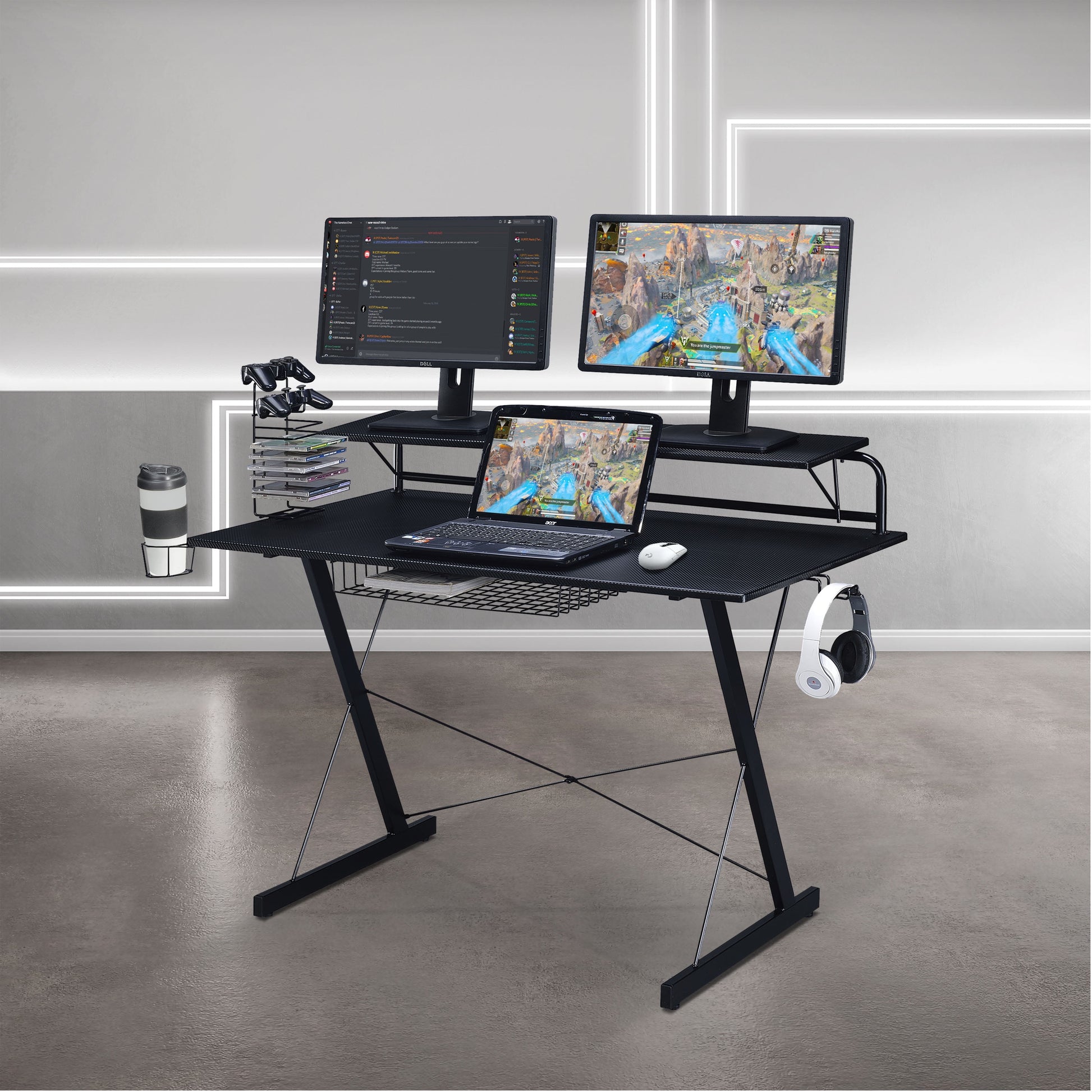 Techni Sport TS-200 Carbon Computer Gaming Desk with Shelving, Black RTA-TS200-BK