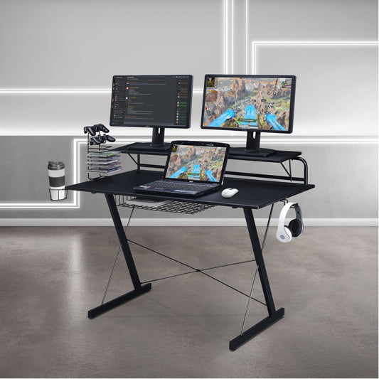 Techni Sport TS-200 Carbon Computer Gaming Desk with Shelving, Black RTA-TS200-BK