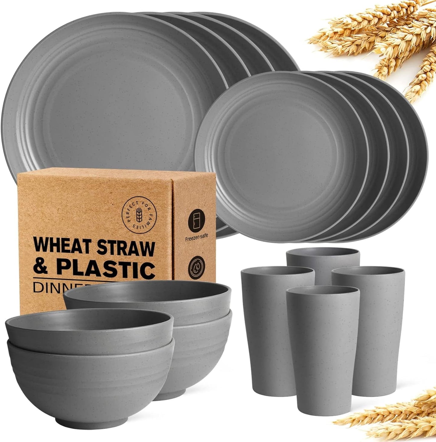 Teivio 16-Piece Kitchen Plastic Wheat Straw Dinnerware Set, Service for 4, Dinner Plates, Dessert Plate, Cereal Bowls, Cups, Unbreakable Plastic Outdoor Camping Dishes, Grey