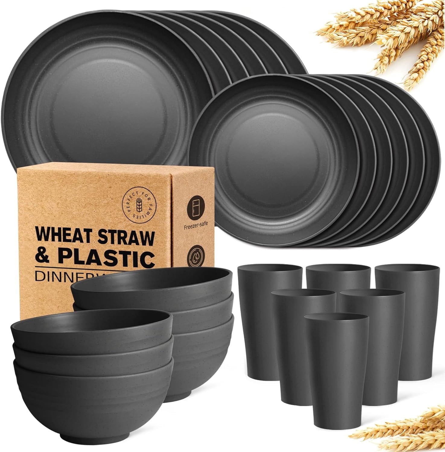 Teivio 24-Piece Kitchen Plastic Wheat Straw Dinnerware Set, Service for 6, Dinner Plates, Dessert Plate, Cereal Bowls, Cups, Unbreakable Plastic Outdoor Camping Dishes, Black