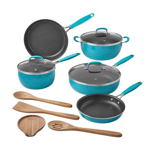 The Pioneer Woman Frontier Speckle 12-Piece Aluminum Cookware Set, Teal