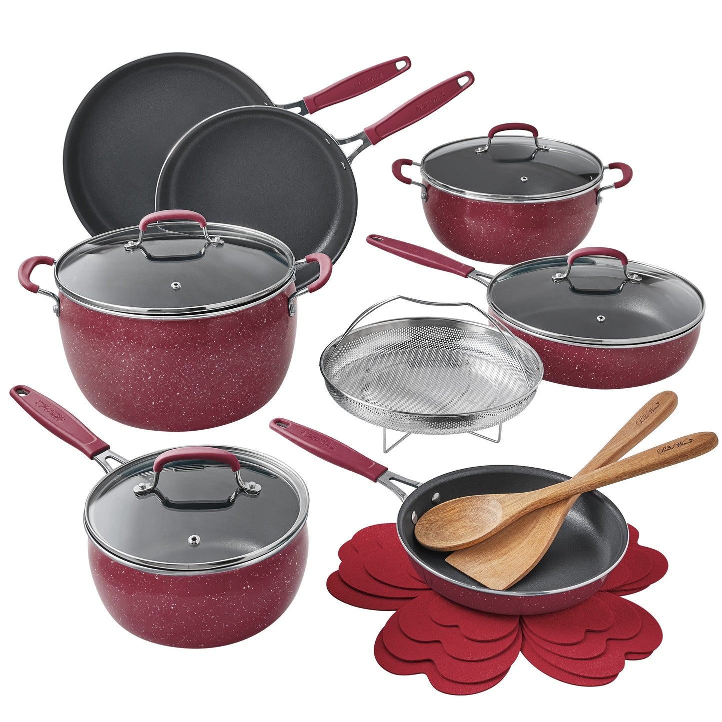 The Pioneer Woman Frontier Speckle 18-Piece Aluminum Cookware Set, Merlot