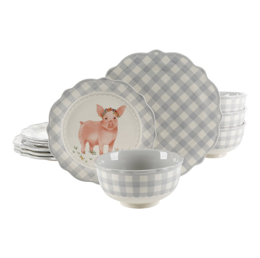 The Pioneer Woman Gingham Grey 12-Piece Dinnerware Set