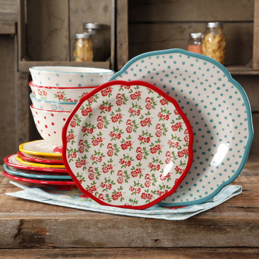 The Pioneer Woman Timeless Floral & Retro Dot 12-Piece Dinnerware Set