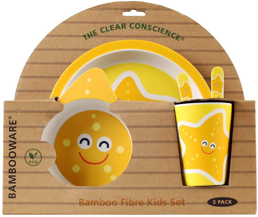 TheClearConscience Bamboo kids dinnerware set I 5 pieces tableware set I Starfish with cutlery I bowl, drinking cup, plate, fork and spoon, reusable, natural material, BPA free, dishwasher safe, new