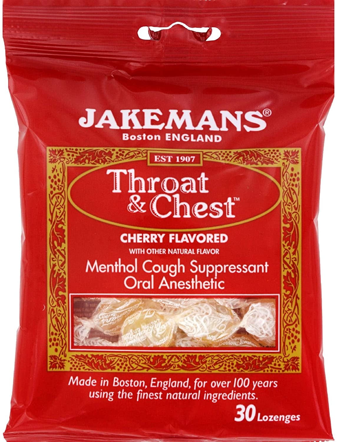 Throat & Chest Menthol Cough Suppressant Oral Anesthetic Lozenges Cherry - 30 Lozenges by Jakemans (pack of 4)