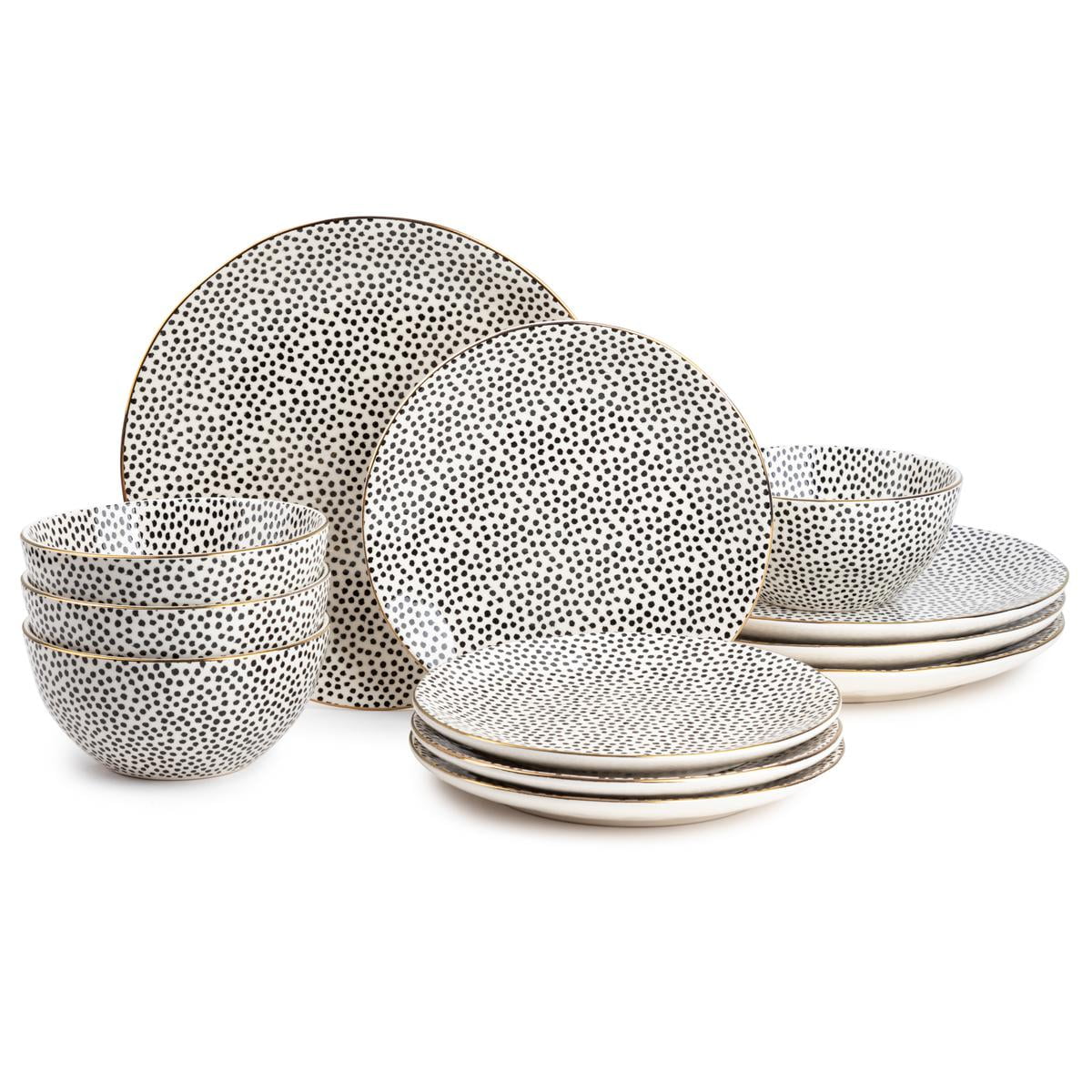 Thyme & Table 12-Piece Dinnerware Stoneware Set, Black & White Dot Collection