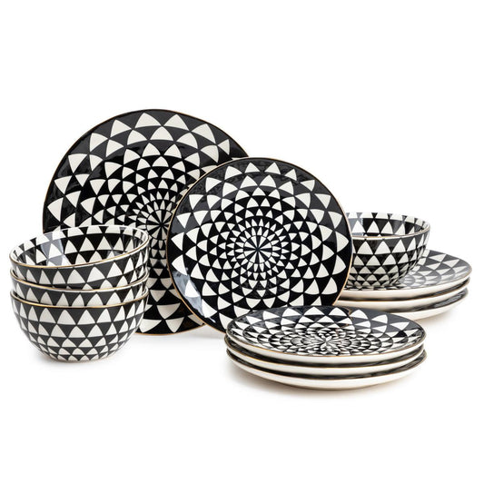 Thyme & Table 12-Piece Dinnerware Stoneware Set, Black & White Medallion Collection