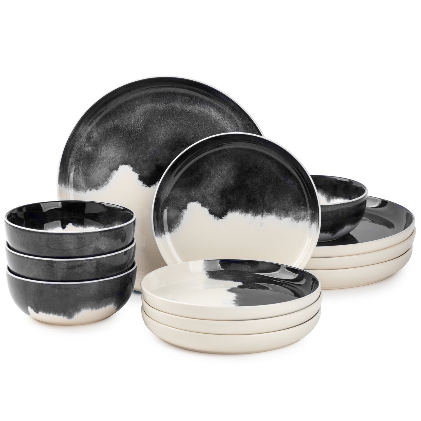 Thyme & Table 12-Piece Stoneware Dinnerware, Grey Drip Collection