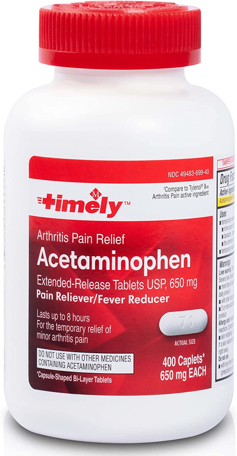 Timely- Extended Release Pain Relief - Acetaminophen 650 MG Tablet 400 Count - Compare to Tylenol 8HR Arthritis Pain active ingredient - Temporarily Relieves Minor Aches and Pains and Reduces Fever