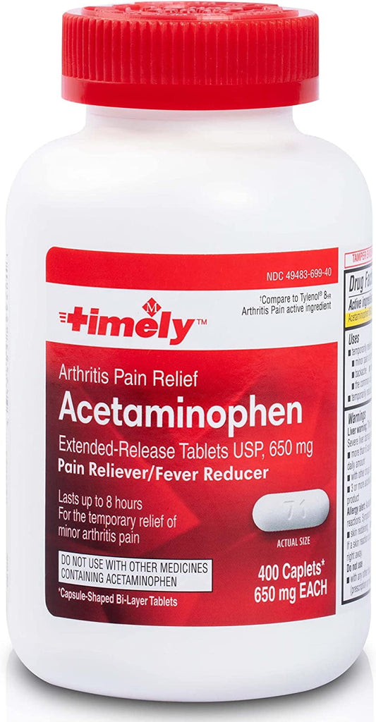 Timely- Extended Release Pain Relief - Acetaminophen 650 MG Tablet 400 Count - Compare to Tylenol 8HR Arthritis Pain active ingredient - Temporarily Relieves Minor Aches and Pains and Reduces Fever