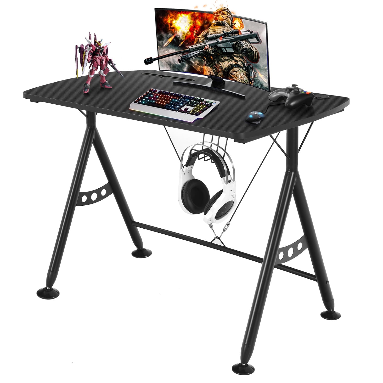 Topbuy Gaming Desk Y-Shaped Computer Table w/Cup Holder & Phone Slot for Home Office Black