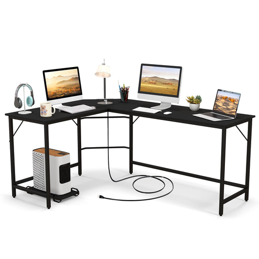 Topbuy L-Shaped Desk with Power Outlet 66” Computer Corner Desk with CPU Stand & Heavy-duty Metal Frame Black