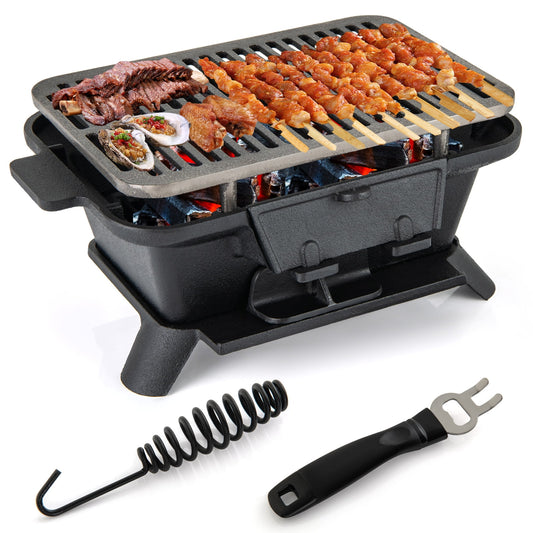 Topbuy Portable Heavy Duty Cast Iron Charcoal Grill Tabletop BBQ Stove with Double-sided Grilling Net for Camping