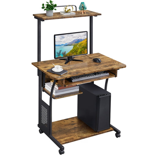 Topeakmart 2 Tiers Rolling Computer Desk with Printer Shelf and Keyboard Tray for Home Office, Rustic Brown