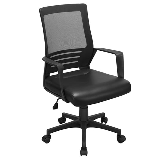 Topeakmart Office Desk Chair Swivel Computer Mesh Chair with Leather Padded Seat and Armrests Black