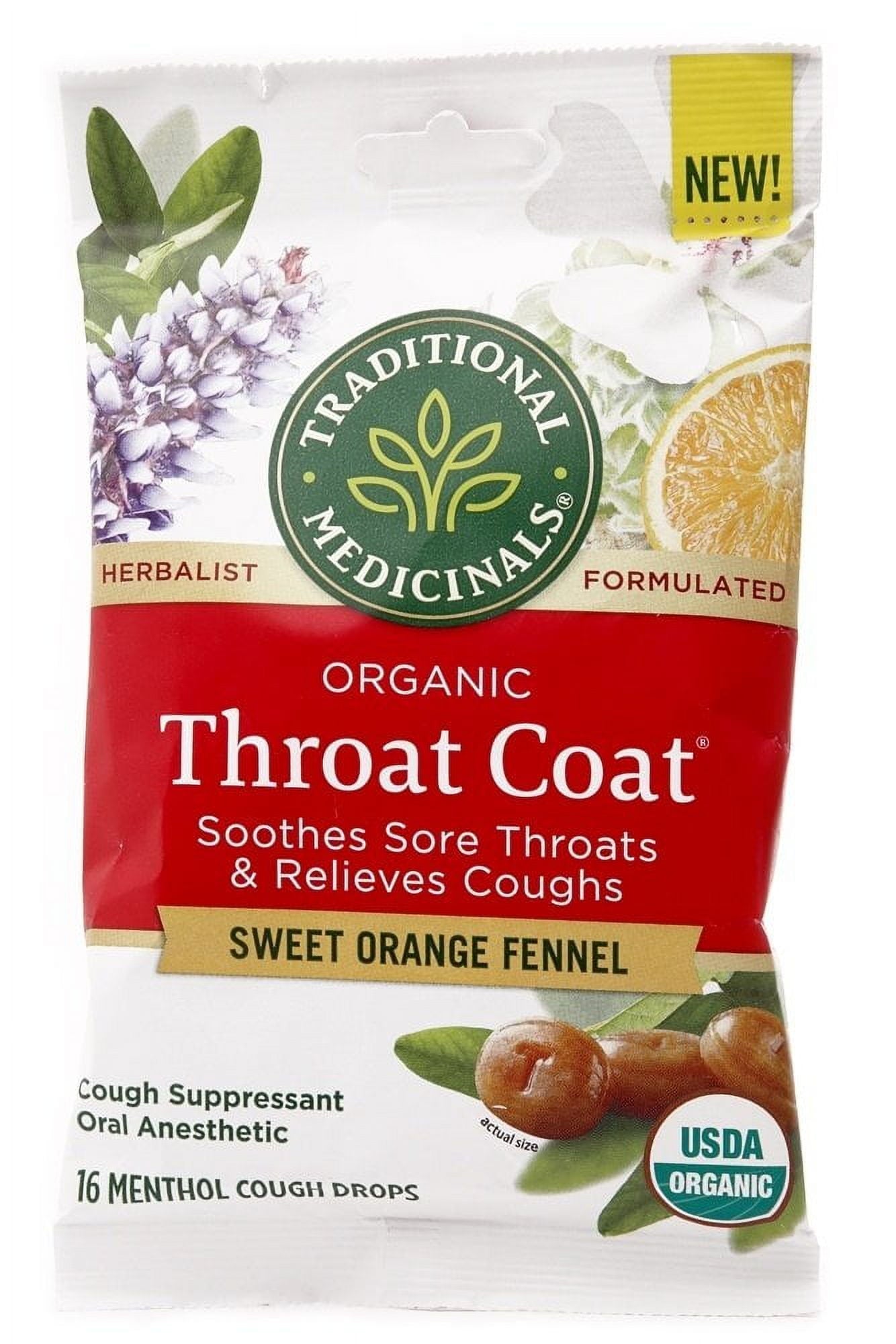 Traditional Medicinals Organic Throat Coat Drops Sweet Orange Fennel 16 Lozenges Pack of 4