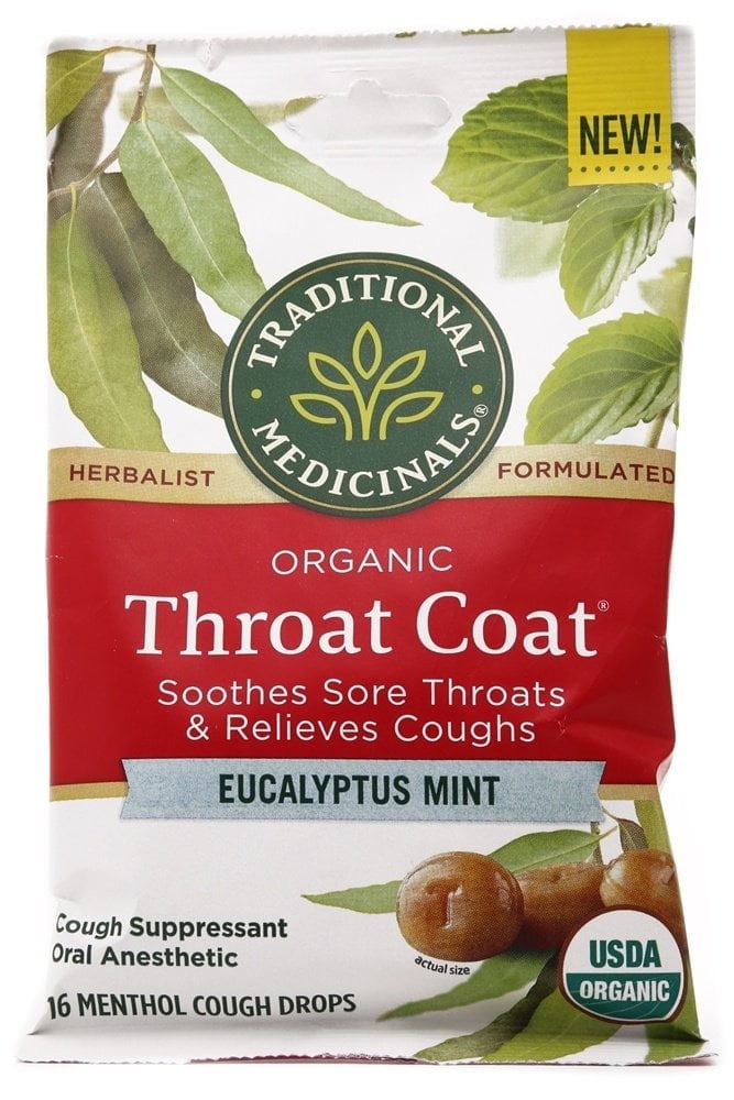 Traditional Medicinals Organic Throat Coat Lozenges Eucalyptus Mint 16 Menthol Cough Drops Pack of 2