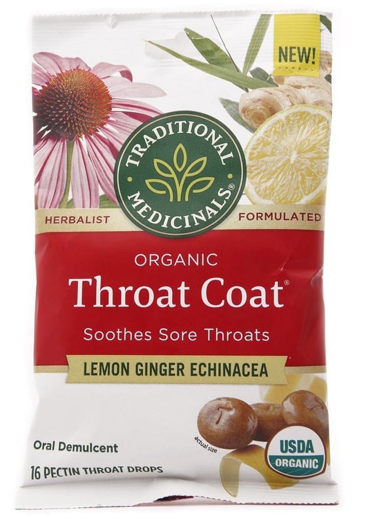 Traditional Medicinals Organic Throat Coat Lozenges Lemon Ginger Echinacea 16 Pectin Throat Drops Pack of 3