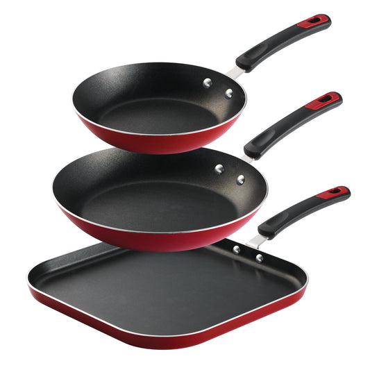 Tramontina everyday 3 pc aluminum nonstick fry pan and griddle set – metallic red