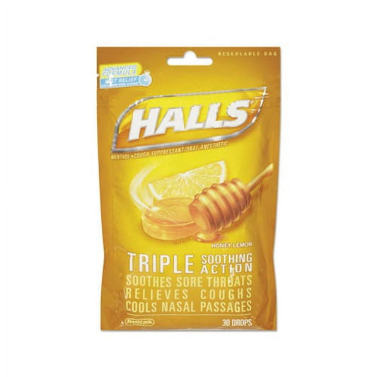 Triple Action Cough Drops Honey-Lemon, 30/Bag, 12 Bags/Box