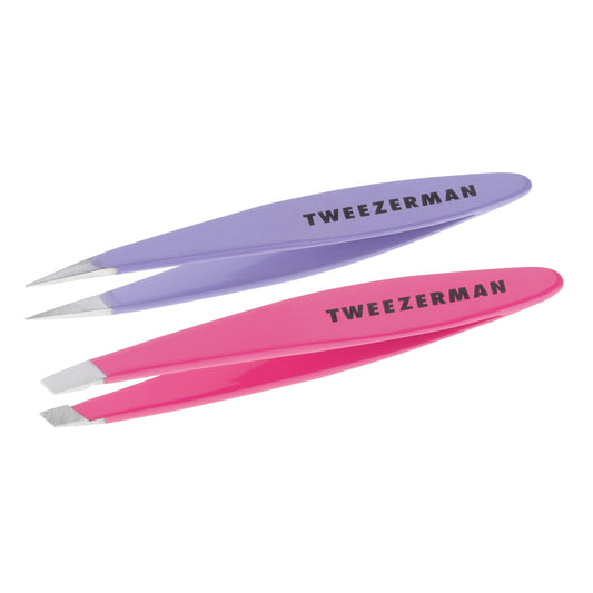 Tweezerman Mini Oval Slant And Point Tweezer Combo, Purple Pink