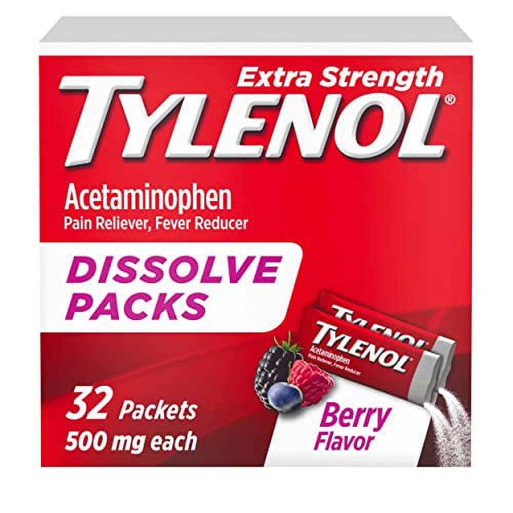 Tylenol Extra Strength Dissolve Packs, 500 mg Acetaminophen Pain Reliever & Fever Reducer, On-The-Go Powder Packets for Minor Aches & Pains, Ibuprofen- & Aspirin-Free, Berry Flavor, 32 ct