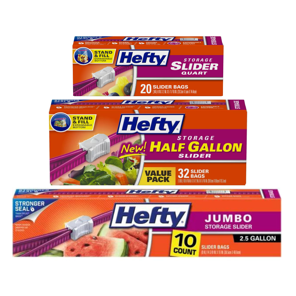 Hefty Slider Bags Variety Pack, Jumbo 2.5 Gallon (10 CT), Half Gallon (32 CT), Quart (20 CT)