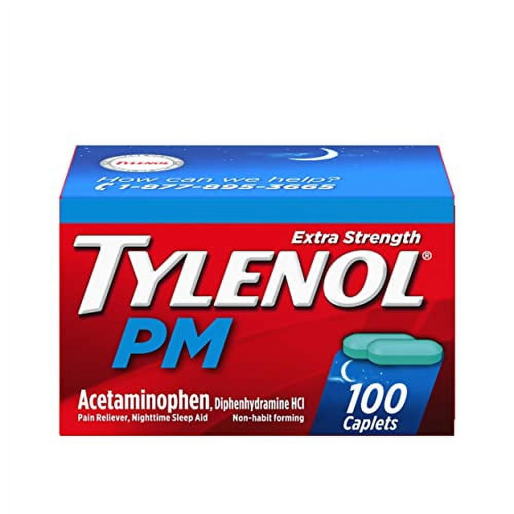 Tylenol PM Extra Strength Nighttime Pain Reliever & Sleep Aid Caplets, 500 mg Acetaminophen & 25 mg Diphenhydramine HCl, Relief for Nighttime Aches & Pains, Non-Habit Forming, 100 ct