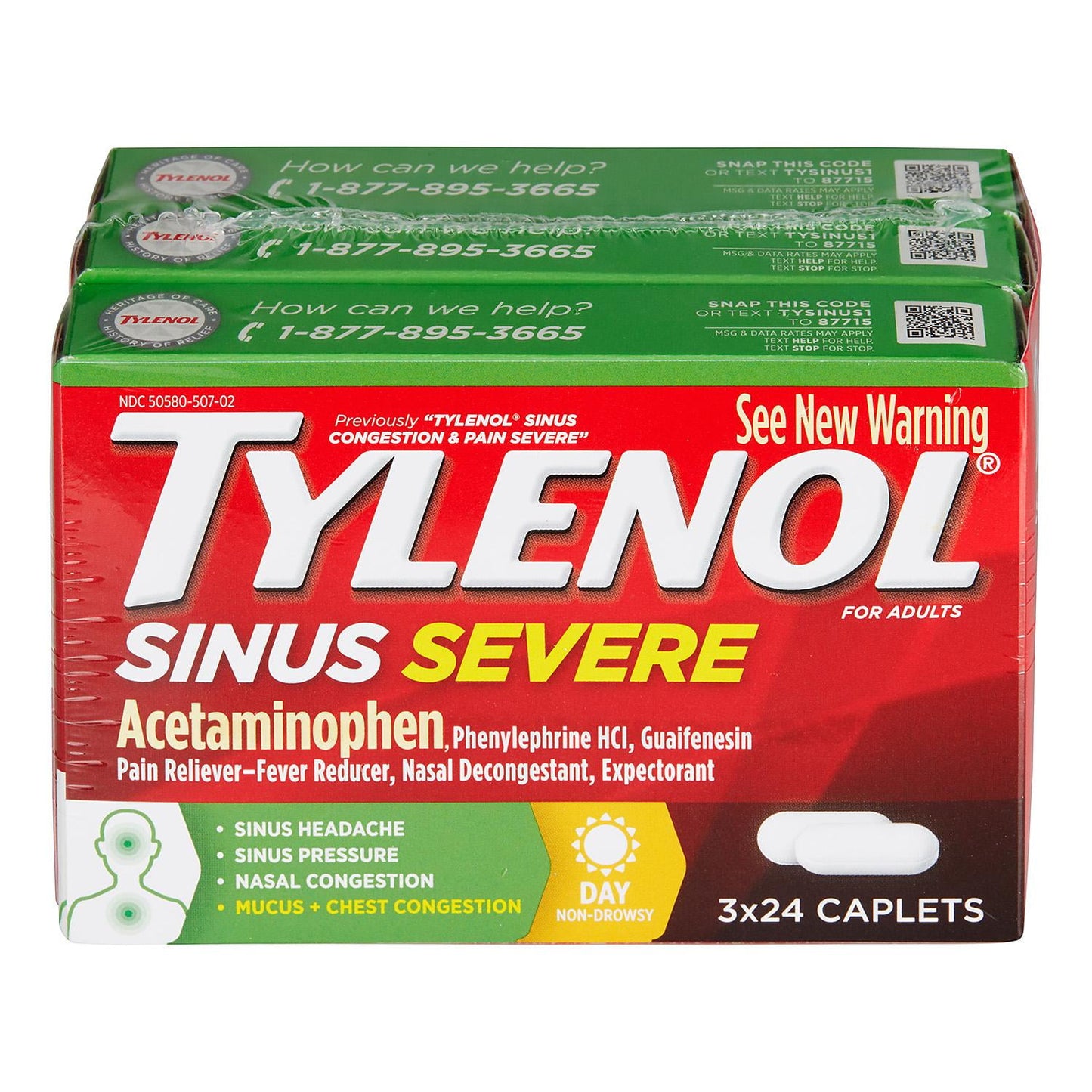 Tylenol Sinus Severe Cold Flu Allergy Non-Drowsy Daytime Caplets, 24 ct, 3pk