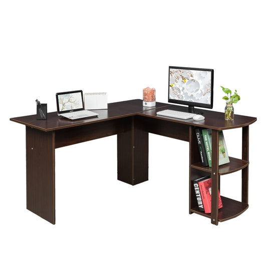 UBesGoo L Shaped Computer Desk Corner Desk Home Office Laptop PC Table with 2-layer Bookshelves Brown