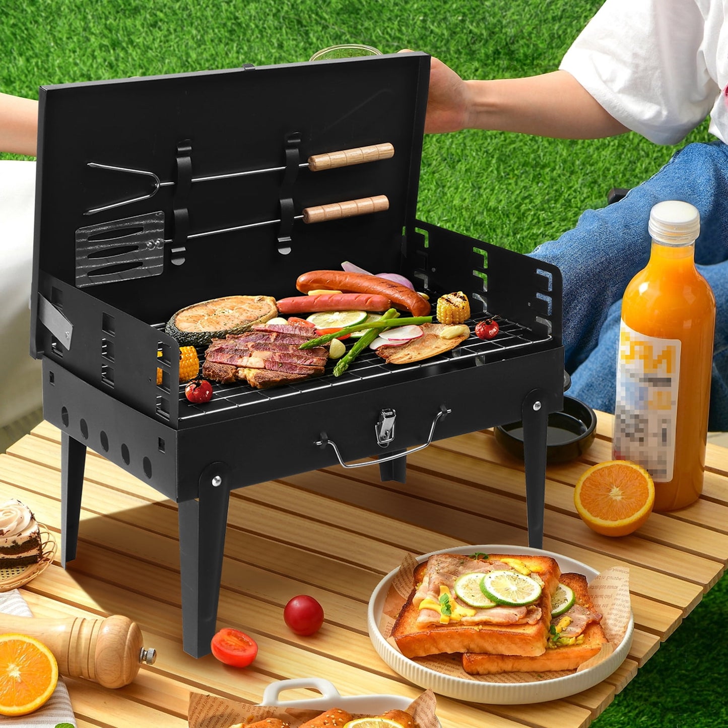 UBesGoo Portable Square Charcoal Grill,Outdoor Camping BBQ Grill,Square Grill with Lid,Black