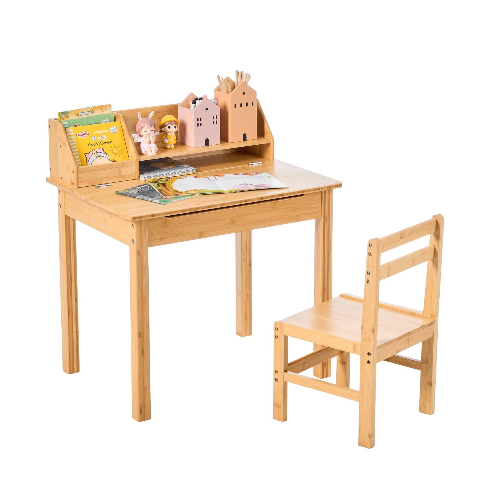 UNICOO® Bamboo Kids Desk and Chair Set, Lift-Top Desk & Chair Set for 3-8 Years Old, Children Writing Desk with Storage and Hutch for Home School Use (C007 - Nature)