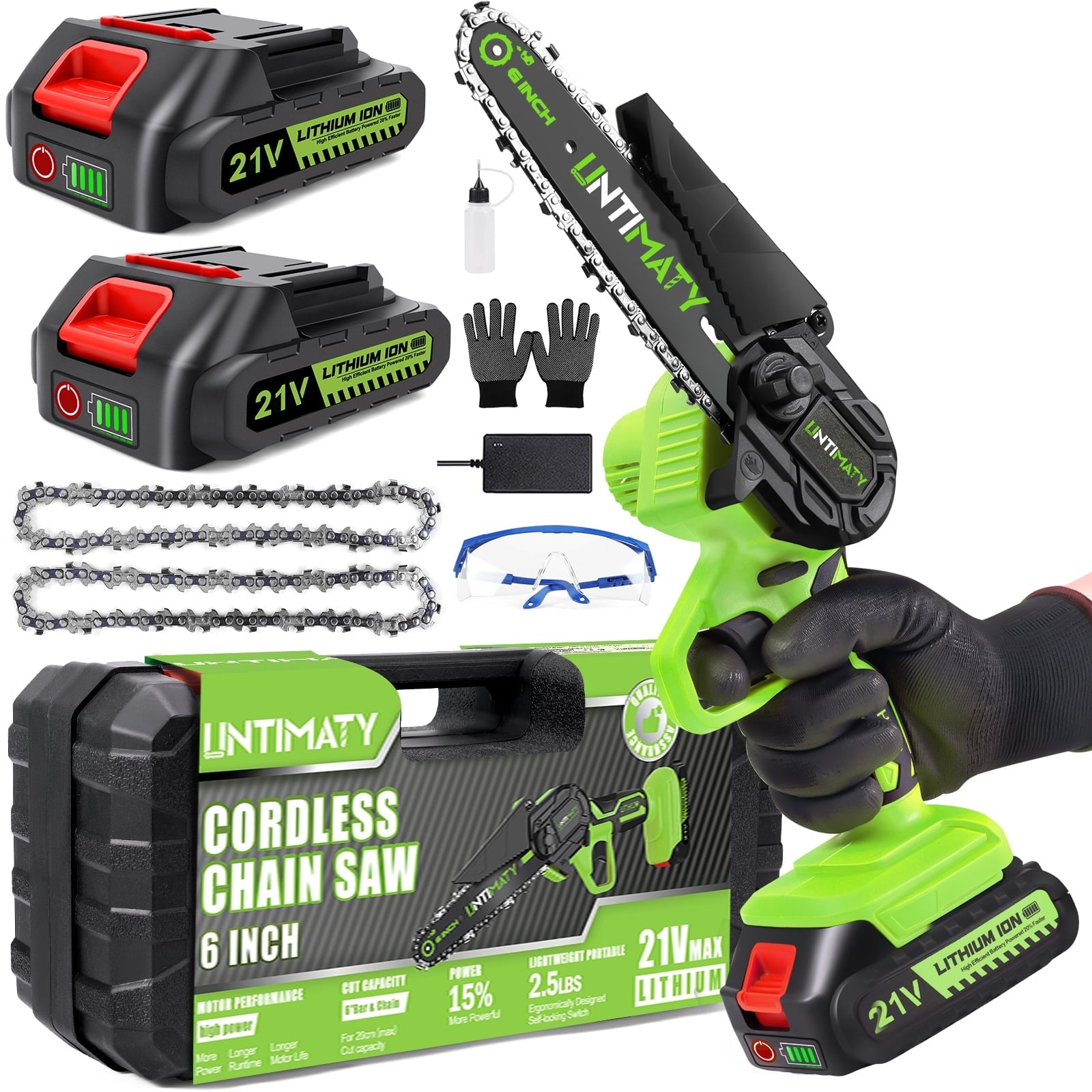 UNTIMATY 6" Cordless Mini Chainsaw, 6-inch Electric Portable One-Hand Chain Saw Wood Cutter, 2 Batteries 2 Chains, Green